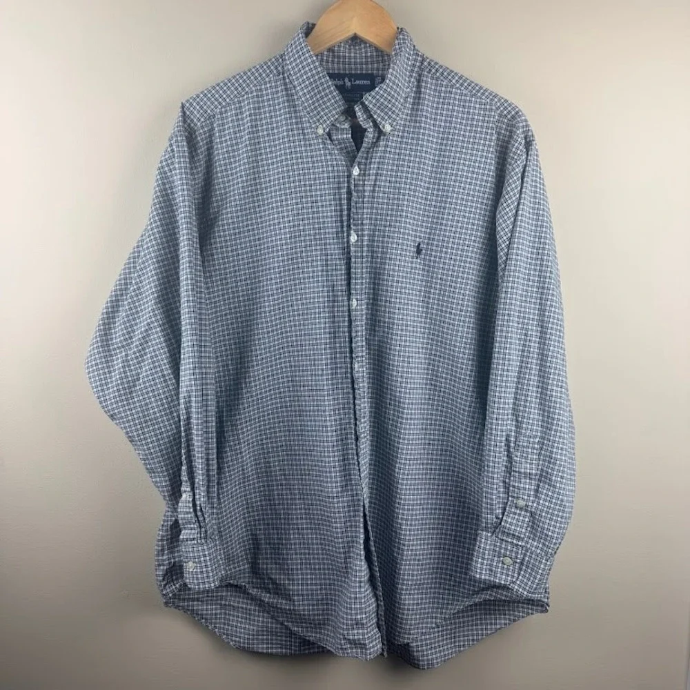 Ralph Lauren Yarmouth Mens 17-34 Navy White Micro Check Cotton Button Down Shirt